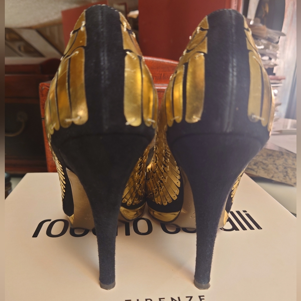 Showstopping Gold Black Suede ROBERTO CAVALLI Peeptoe Metallic Stiletto Pump 39 - Picture 7 of 10